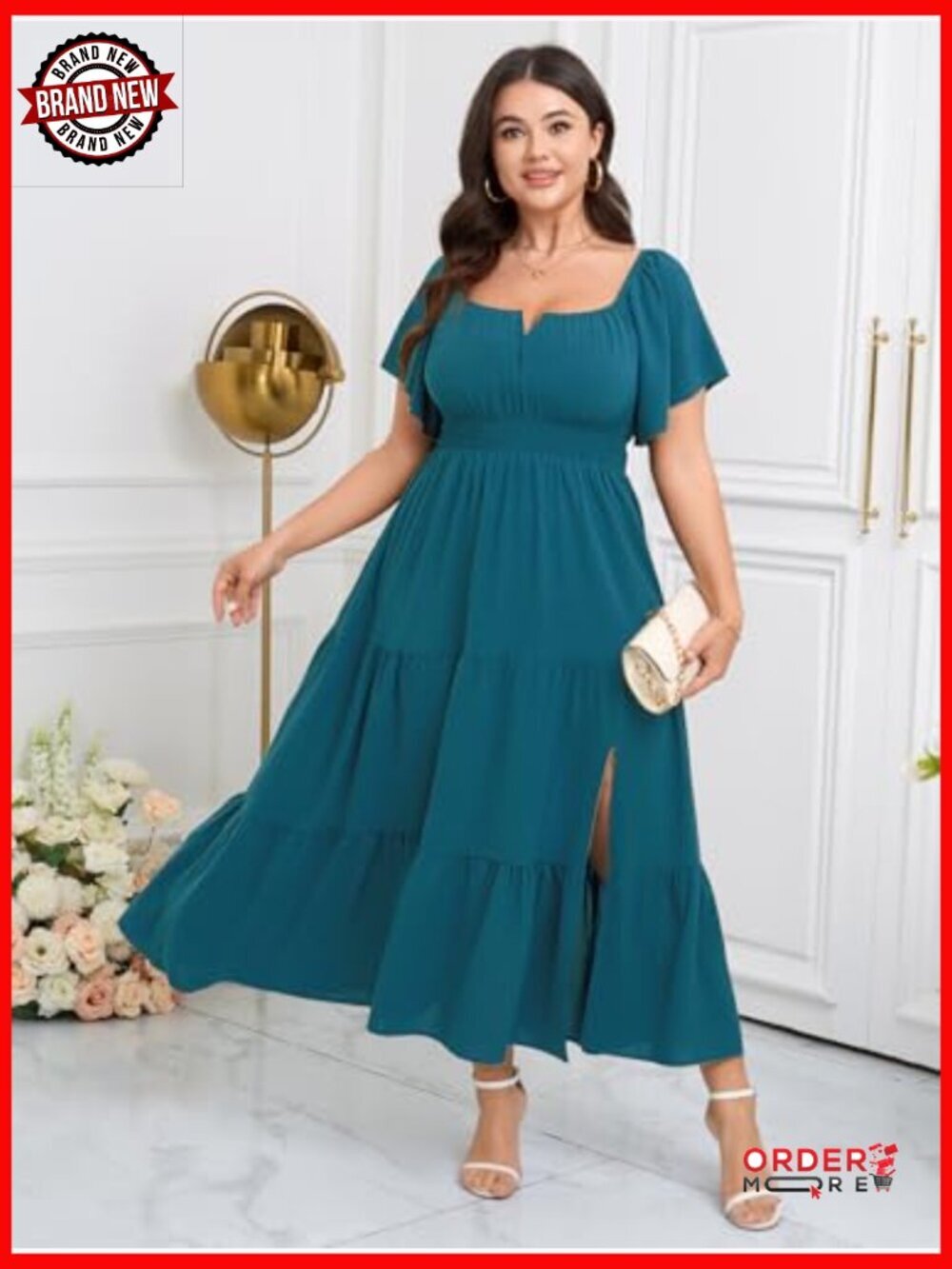 Plus Size Formal Maxi Dress Short Sleeve Square Neck Smocked Side Split Tiered - Picture 2 of 7